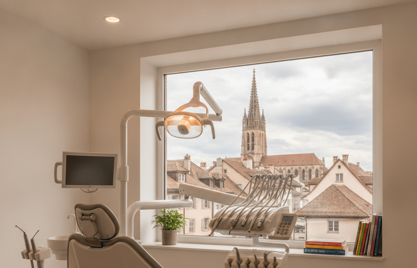 Salle de soins avec vue sur la Cathedrale St-Nicolas de Fribourg